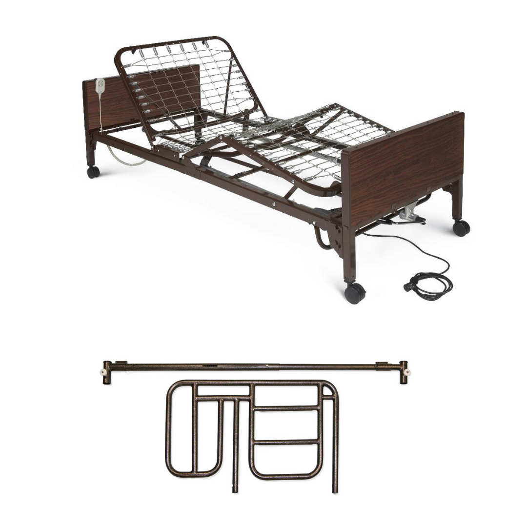 The Medline MedLite Semi-Electric Homecare Bed, shown with a metal bed rail below it, features a lightweight adjustable frame and electric cord—ideal for homecare use.